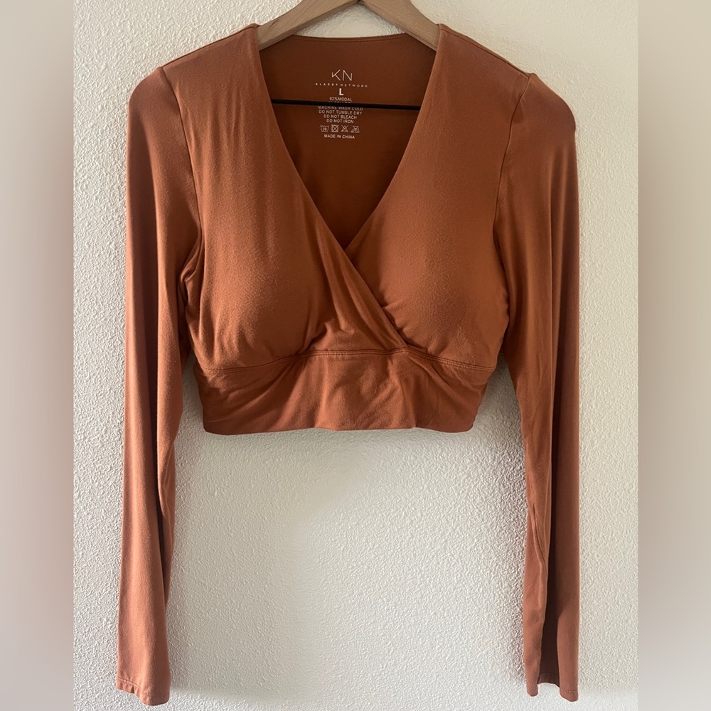 Klassy Network Rust Long Sleeve Wrap Fitted Crop Top